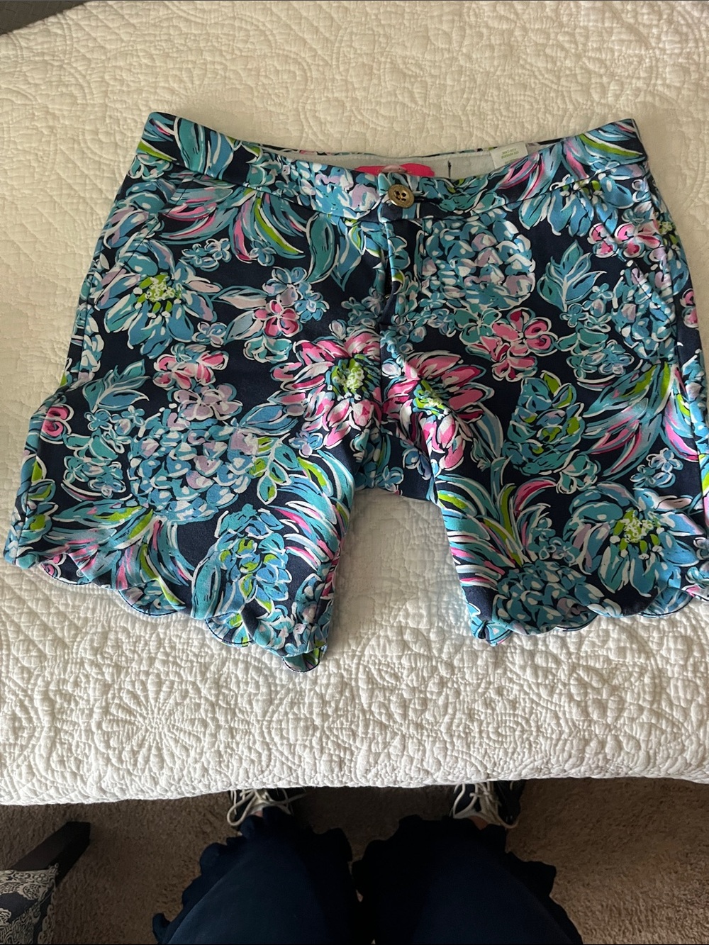 Lilly Pulitzer Navy Floral Scallop-Hem Shorts with Pink & Teal